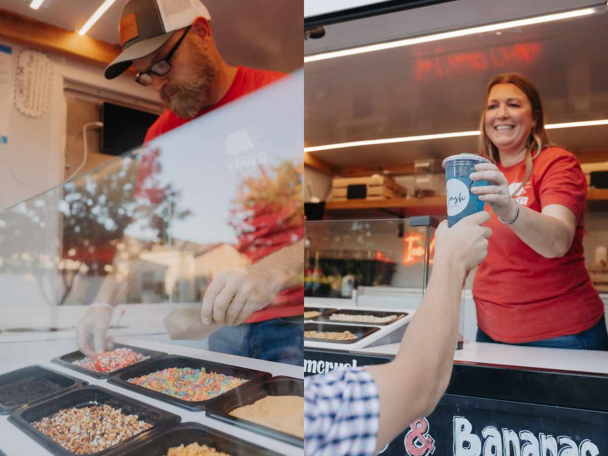 Kyle preparing ice cream and Skye serving a customer at Ice Cream Crush